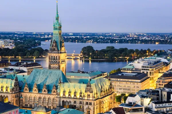 Prague Castle with St. Vitus Cathedral over Lesser town (Mala Strana) at sunset, Czech Republic